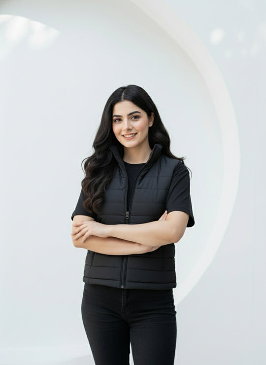 Woman wearing a black puffer vest against a white background