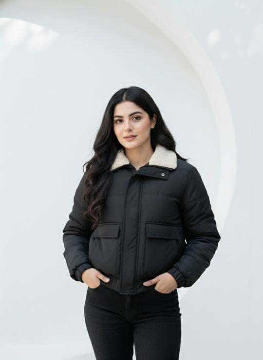 Woman wearing a black jacket with white fur collar against a white background