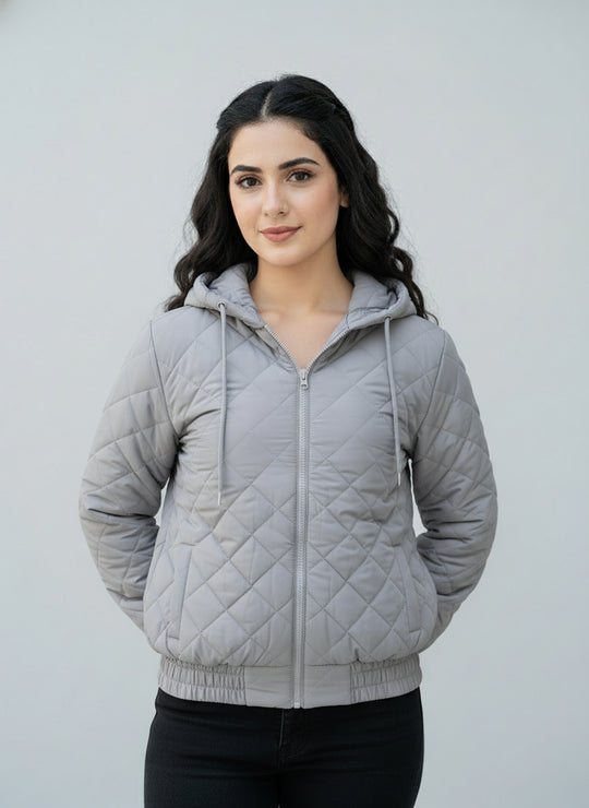 Woman wearing grey winter jacket 
