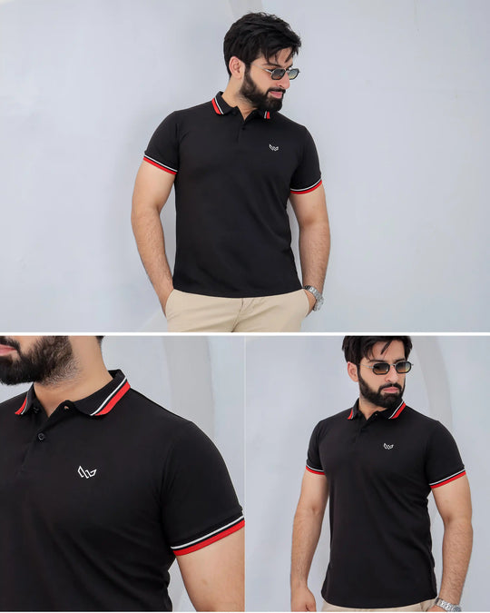 Tipped Black Polo - Premium Cotton