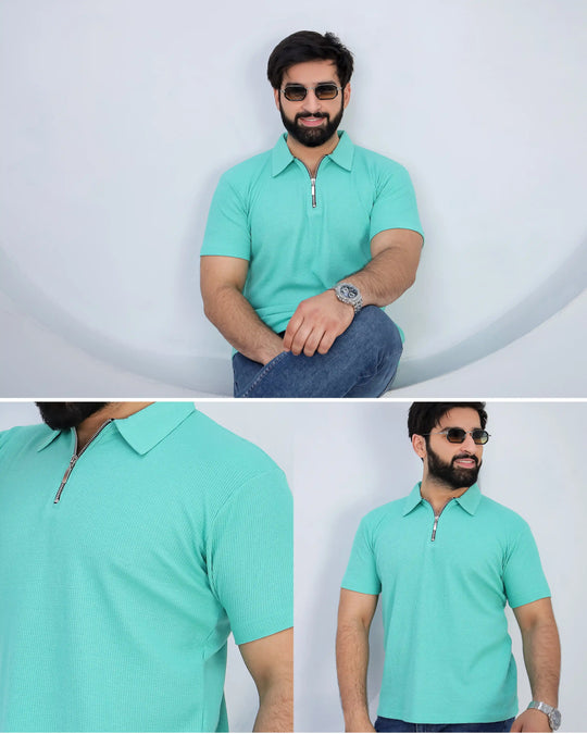 Waffle Knit Zip Polo - Mint Green