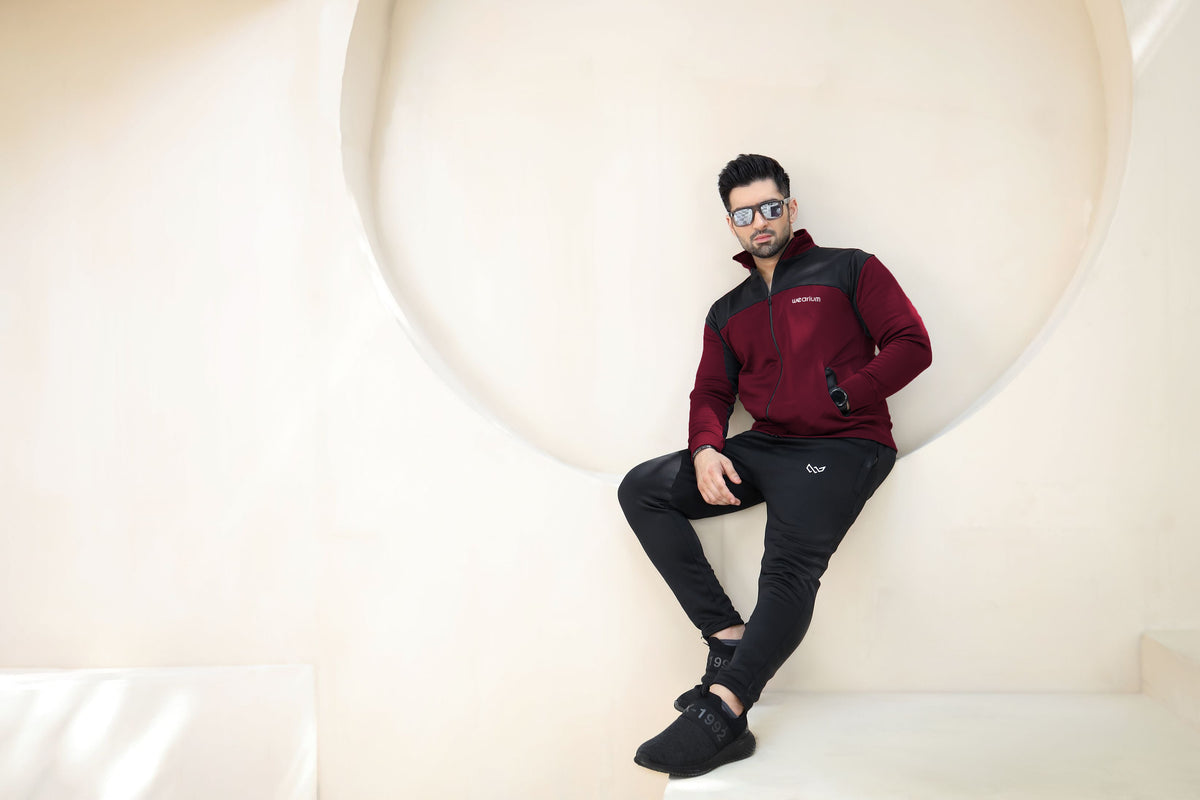 Burgundy & Black Tracksuit - Winter Tracksuit - Wearium