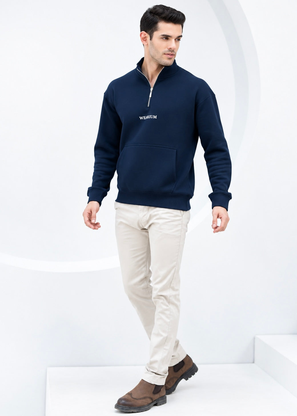 Quarter Zip Sweatshirt Navy - Premium Cotton Fleece
