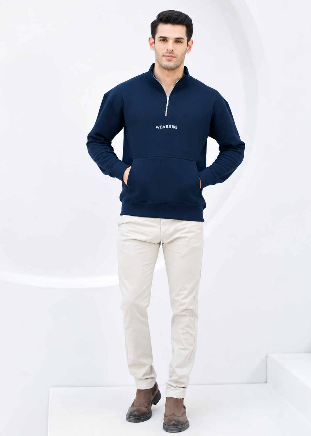 Quarter Zip Sweatshirt Navy - Premium Cotton Fleece