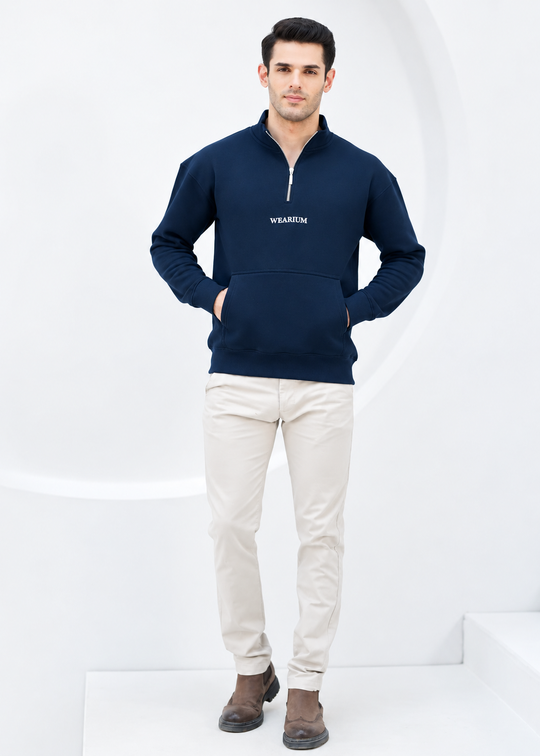 Quarter Zip Sweatshirt Navy - Premium Cotton Fleece