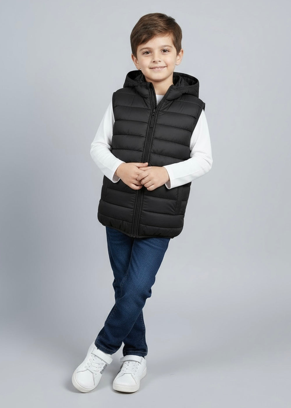 Child wearing a black sleeveless jacket with hoodie