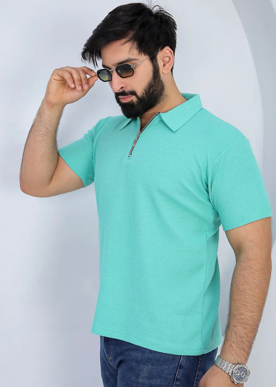 Waffle Knit Zip Polo - Mint Green