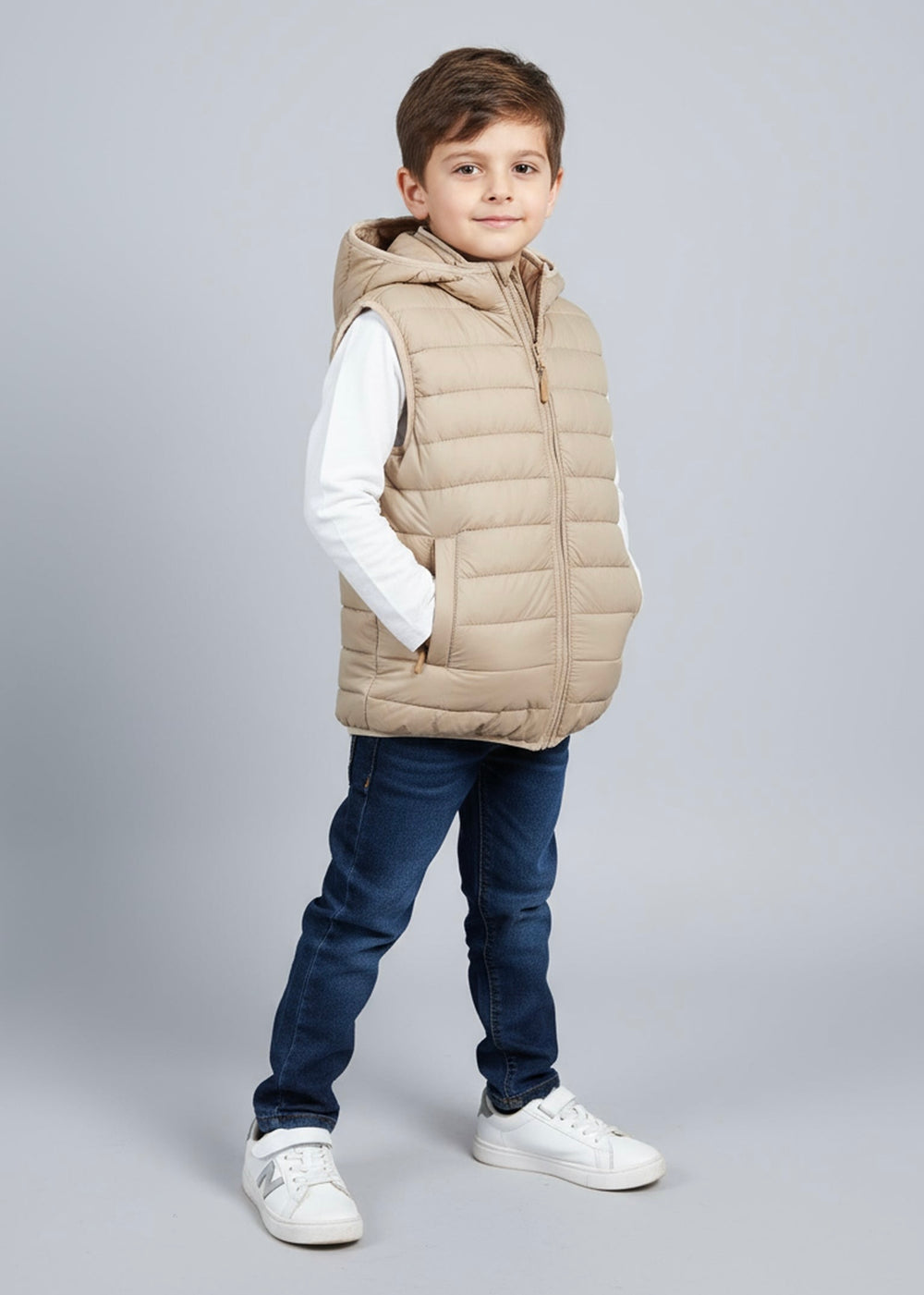 Child wearing a beige puffer jacket 