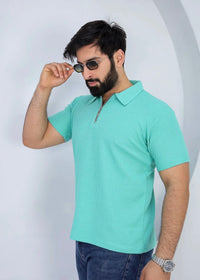 Waffle Knit Zip Polo - Mint Green