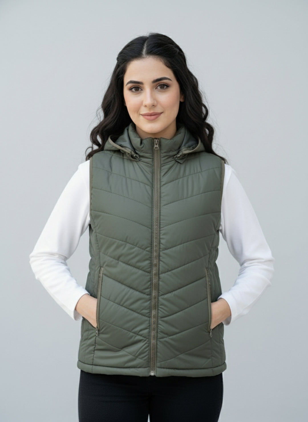 Olive Cloud Vest - Removable Hood