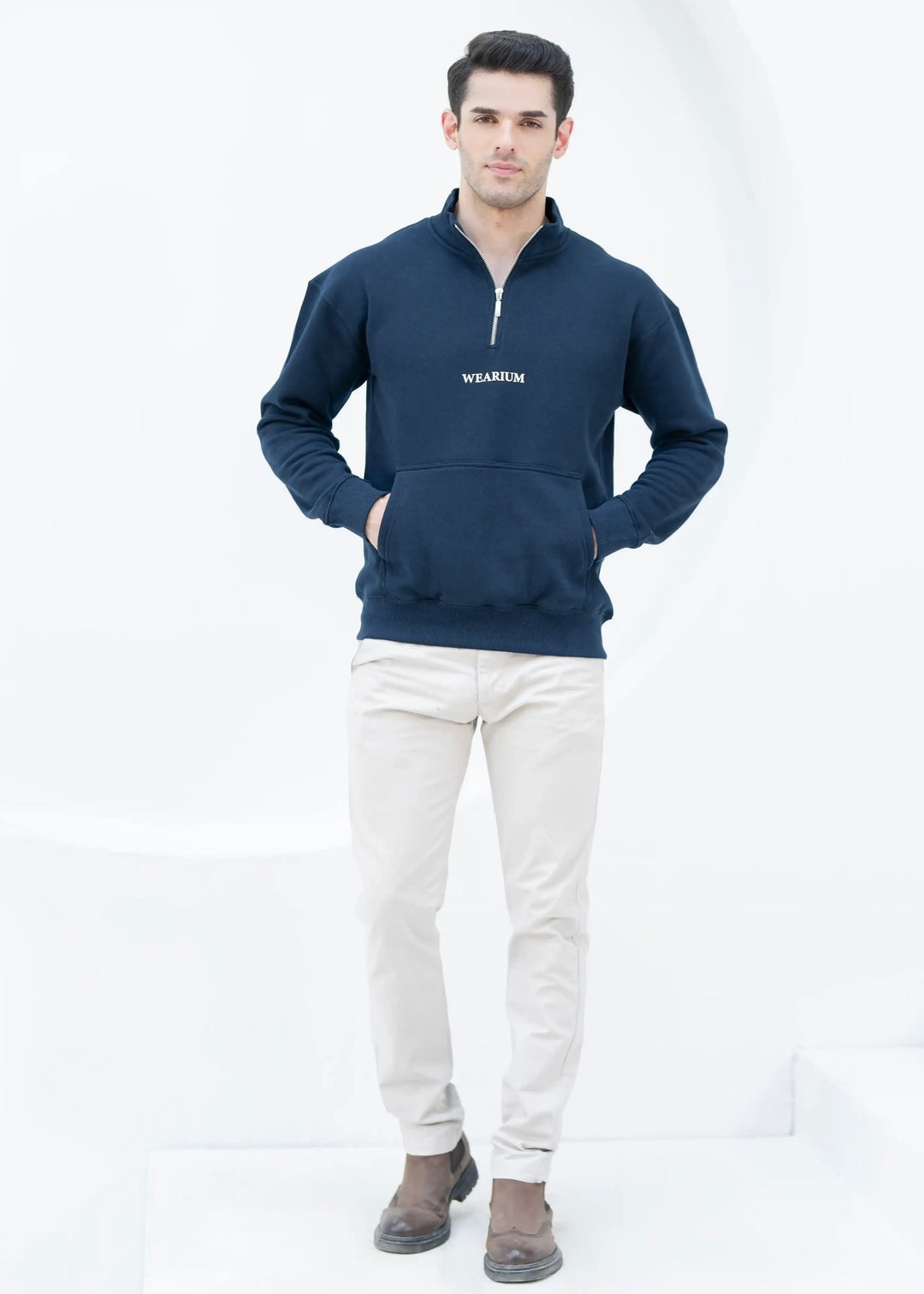 Quarter Zip Sweatshirt Navy - Premium Cotton Fleece