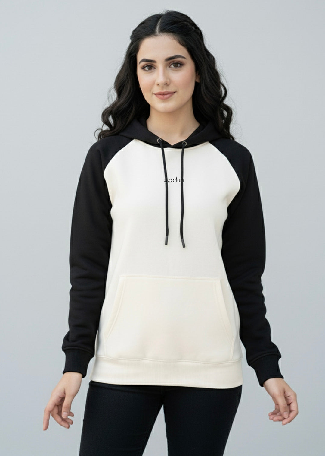 Beige/Black Raglan Hoodie - Premium Cotton Fleece