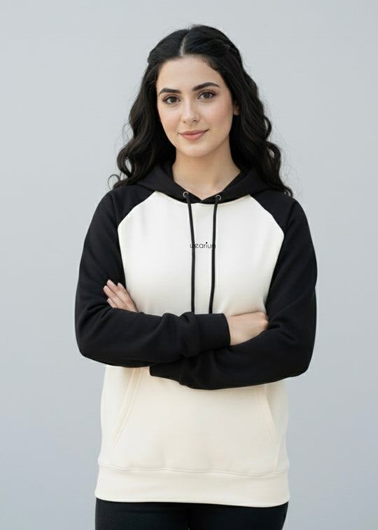 Beige/Black Raglan Hoodie - Premium Cotton Fleece
