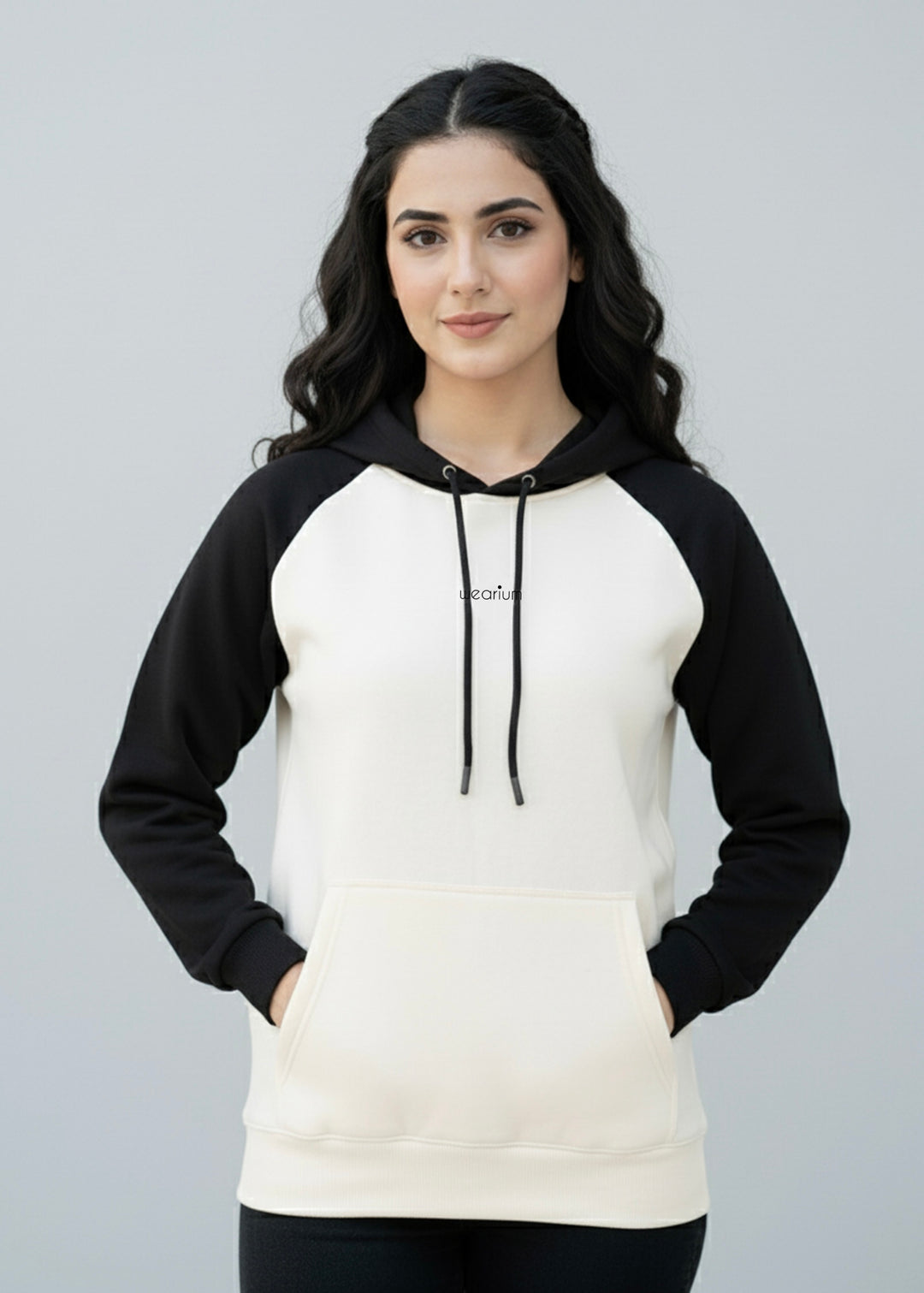 Beige/Black Raglan Hoodie - Premium Cotton Fleece