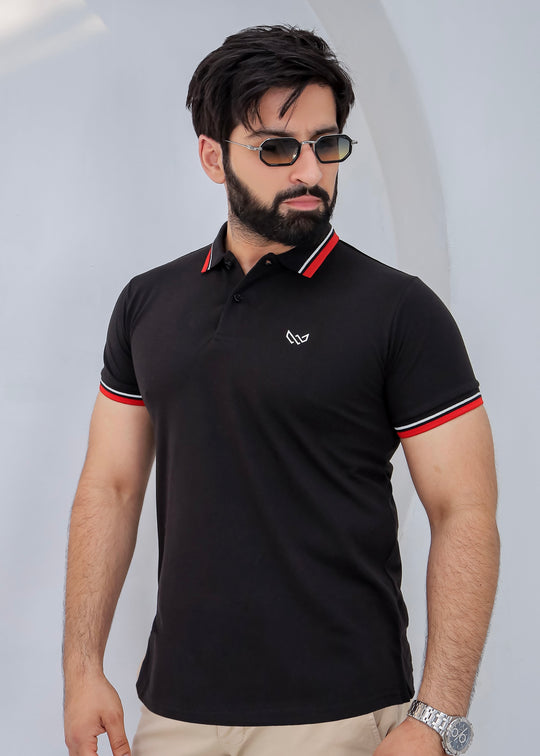 Tipped Black Polo - Premium Cotton