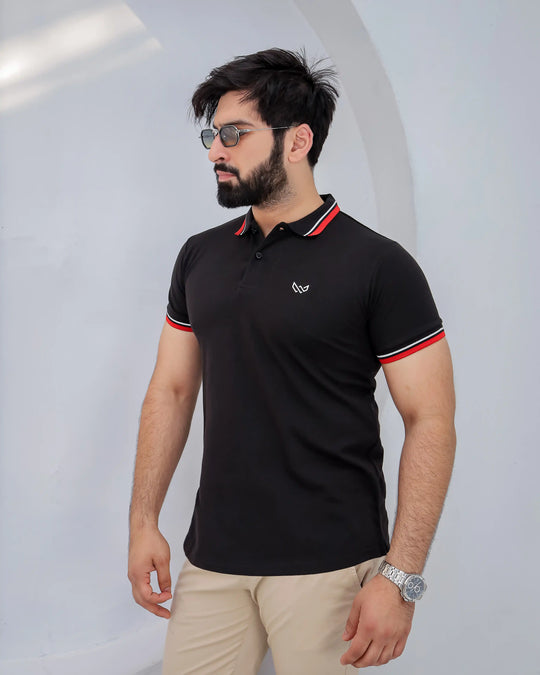 Tipped Black Polo - Premium Cotton