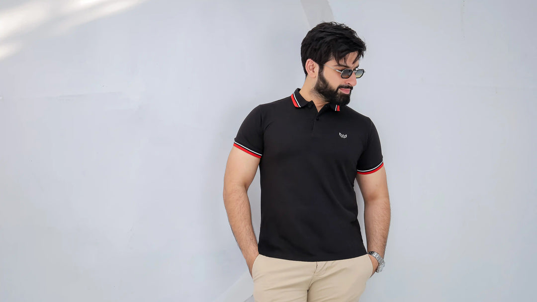 Tipped Black Polo - Premium Cotton