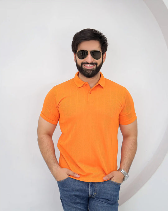 male orange polo shirt