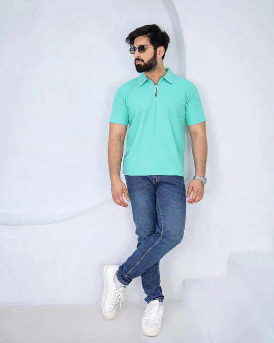 Waffle Knit Zip Polo - Mint Green