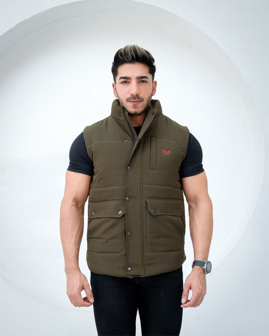 sleeveless olive puffer jacket 